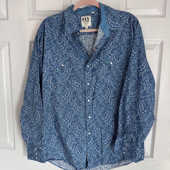 Ely Cattleman Shirt Mens XL Blue Pearl Snap Paisley Flip Cuff  Western Point - Picture 1 of 8